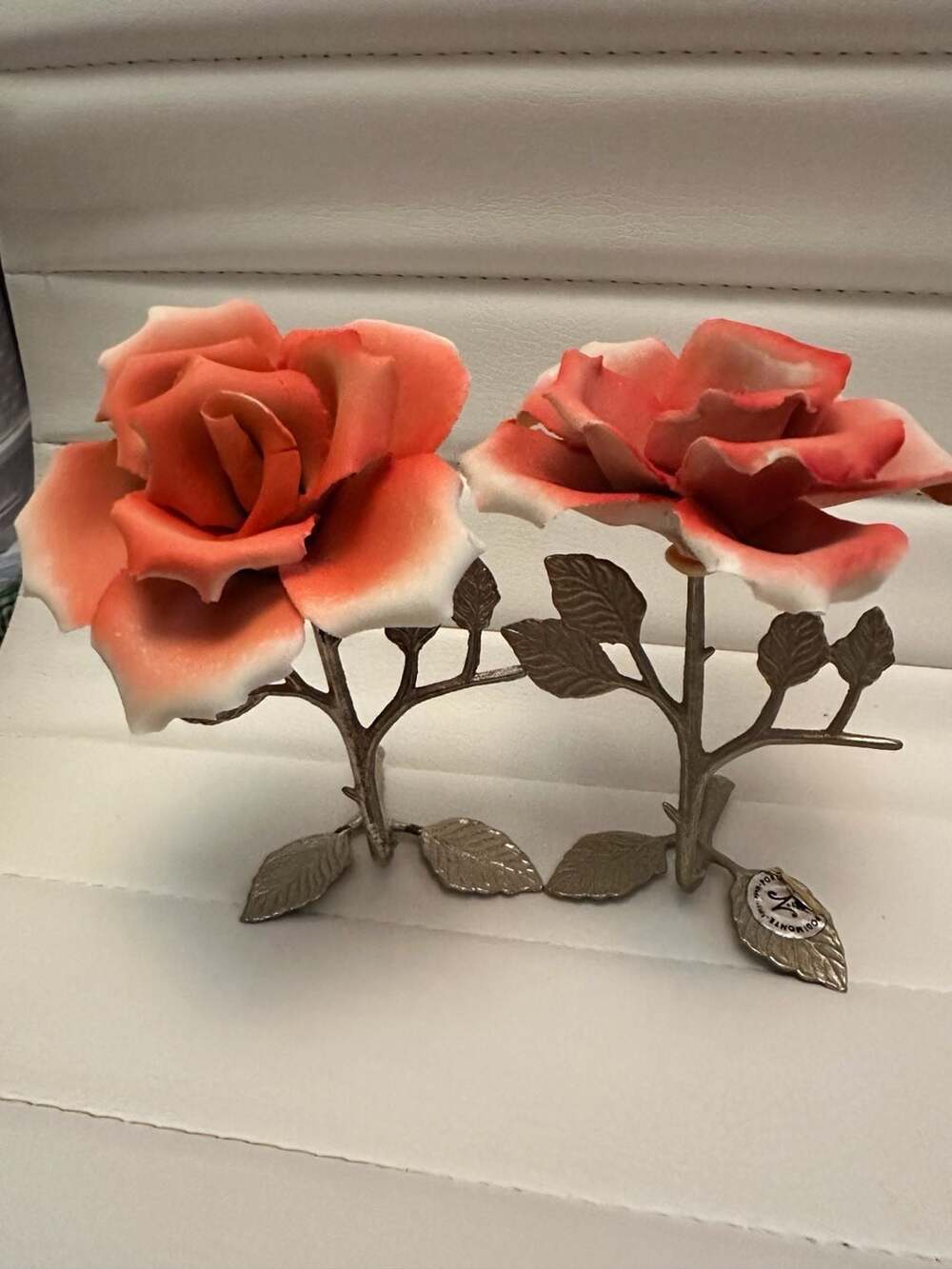 Capodimonte Porcelain Flower Sculpture Pink Rose Set of 2